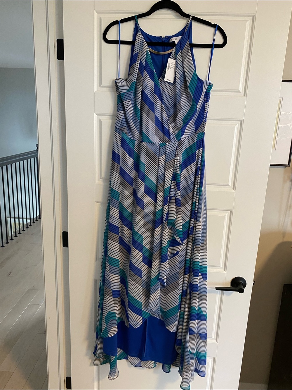 Cleo Blue, Teal & White High-Low Stripe spaghetti strap Dress zip back Lined NWT